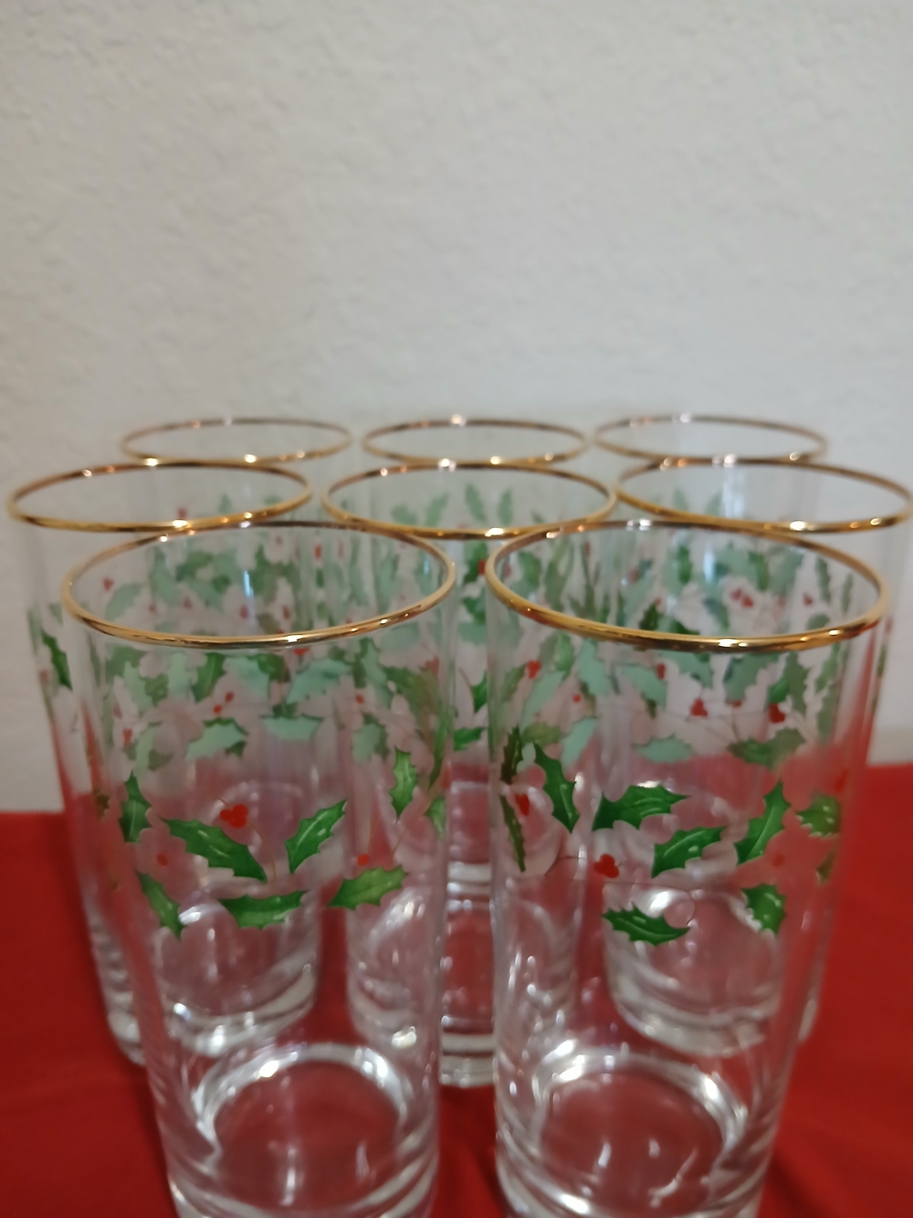Lenox Holly Pattern Gold-Rim Highball Glasses - Green, Red & Gold. Eight Glasses